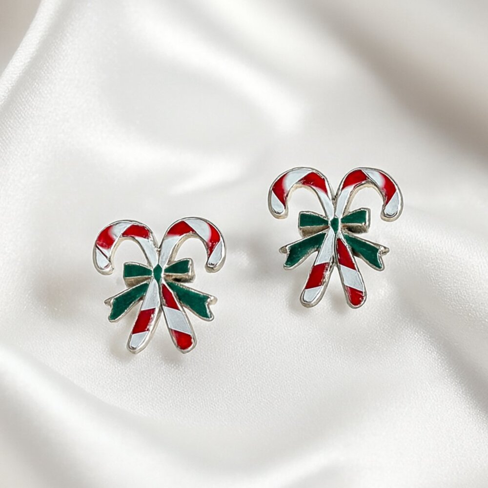 Festive Candy Cane Stud Earrings with Green Bow – Christmas Holiday Jewelry Gift